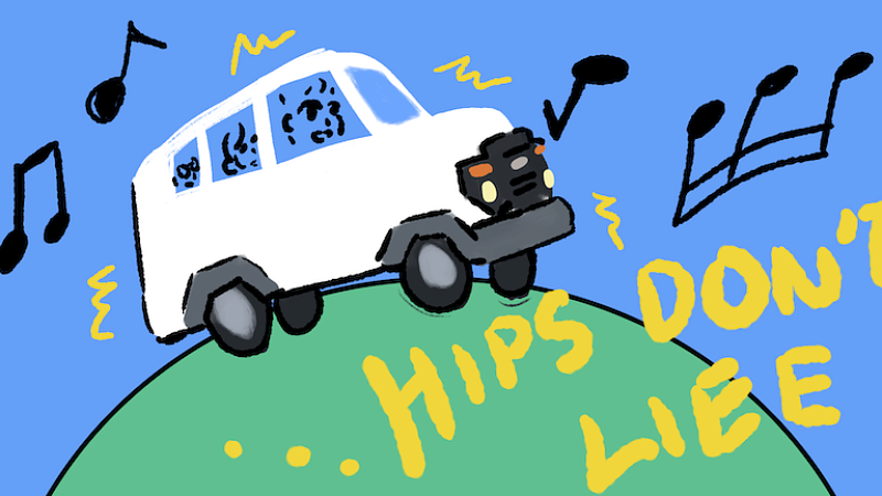 Illustration of Mock Trial students singing in a bus