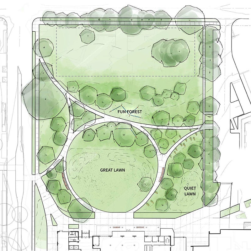 Architectural top-down drawing of planned green space showing Great Lawn, Quiet Lawn, and Fun Forest.