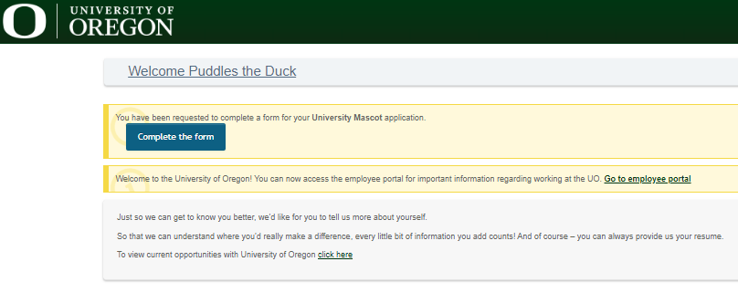 Screenshot of the MyTrack applicant portal with the button to the new starter form