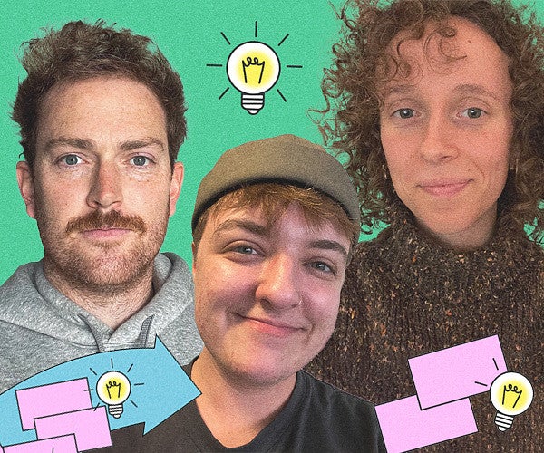 Composite image of three people on a brightly colored background