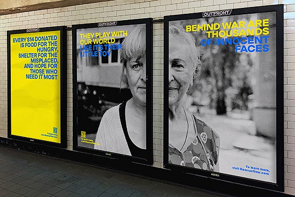 series of three subway posters featuring black and white photos of Ukrainian women with bright yellow and blue text