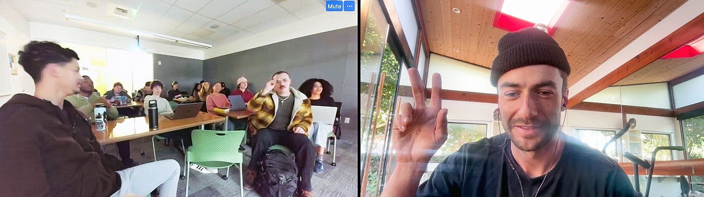 screen shot of a video call session with a classroom full of students opposite Will Saunders