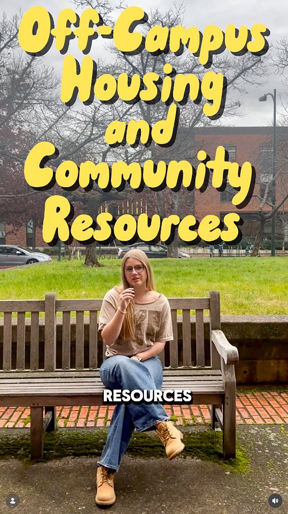 still from an Instagram Reel featuring Ruby Moxley with the text "Off-Campus Housing and Community Resources"