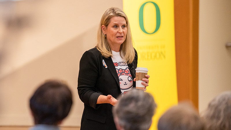 Liz Shuler gives a lecture 