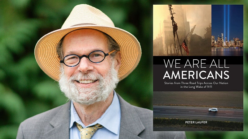 portrait of Peter Laufer with an image of the cover for his book "We Are All Americans"