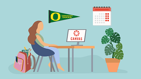 digital illustration showing a student sitting at a computer with a backpack behind them