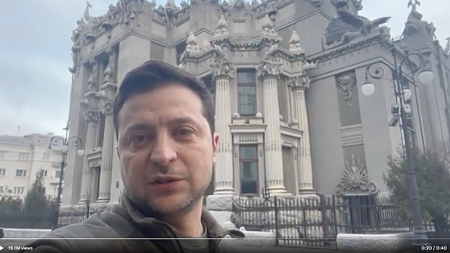 Emabattled Ukrainian President Volodymyr Zelensky has appealed to his people and the world using social media, as in this photo from his Twitter account.