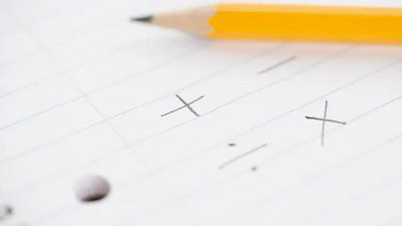 A pencil rests on a sheet of notebook paper with mathematical notations