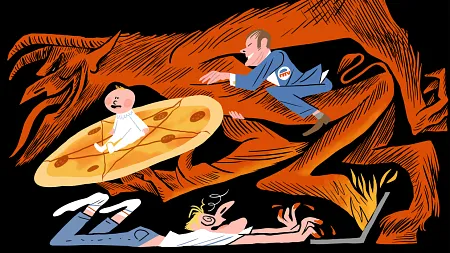 Artistic drawing of satanic panic, showing politician riding on satan and user viewing on computer
