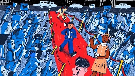 illustration from Polygon.com showing a person walking a red carpet with a selfie stick
