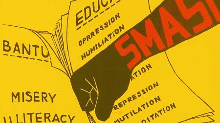 digital illustration of a black fist punching a stack of papers labeled education