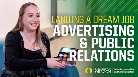 Kaitlyn Bullentini holding an eyeshadow palette with the headline "Landing a Dream Job; Advertising & Public Relations"