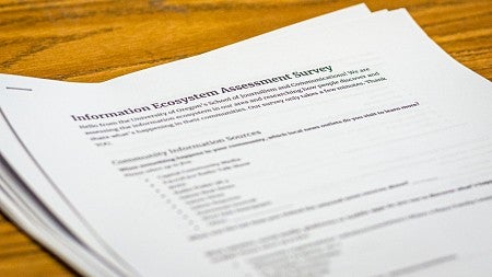 a stack of papers titled "information ecosystem assessment survey"