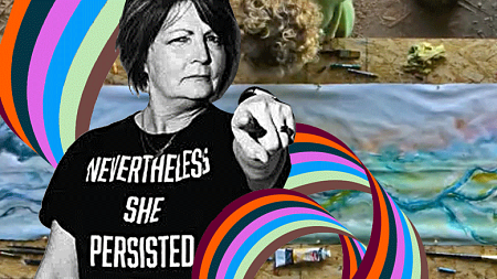 digital collage of Deb Morrison with colorful elements