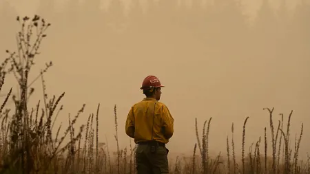 a firefighter stands in a smoky field 
