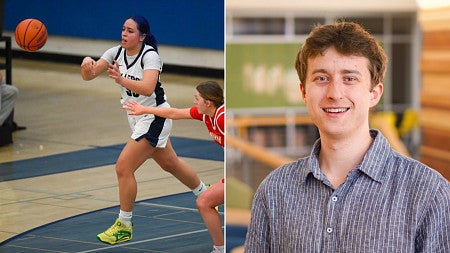 digital collage showing a photo of a women's basketball game next to a portrait of Leo Heffron