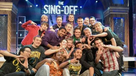 University of Oregon's a cappella group On The Rocks poses on stage of The Sing-Off tv show in 2010