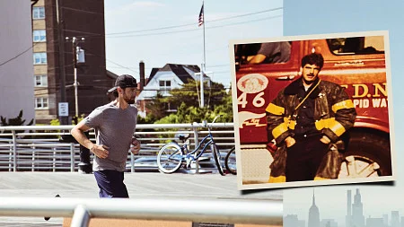 digital composite image showing a man running with a snapshot of a firefighter overlaid