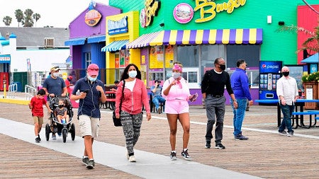 People walking down the boardwalk.