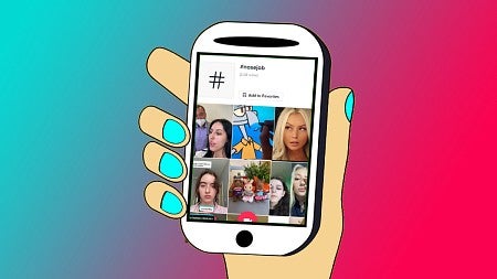 An illustration of a phone with the tiktok app opened to the nose job hashtag (Design by Emily Burack. Screenshot via TikTok, hand via mikroman6/Getty Images.)
