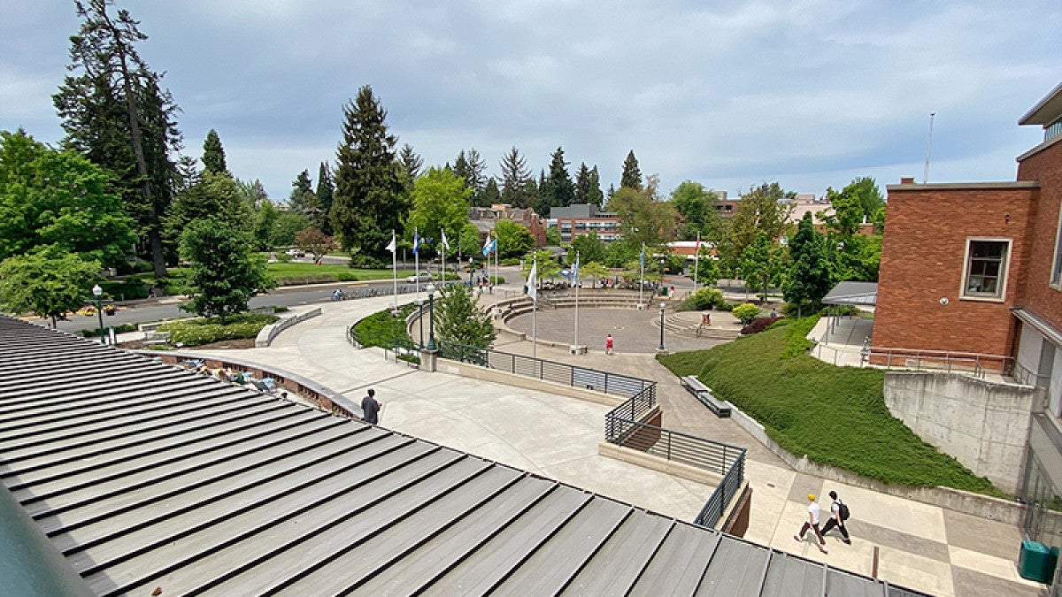 View from the second floor rooftop of the Erb Memorial Union on the University of Oregon campus