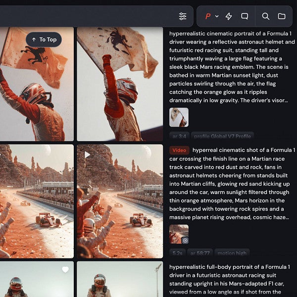 screenshot of an AI generation workflow featuring user prompts on the right and a grid of generated images on the left