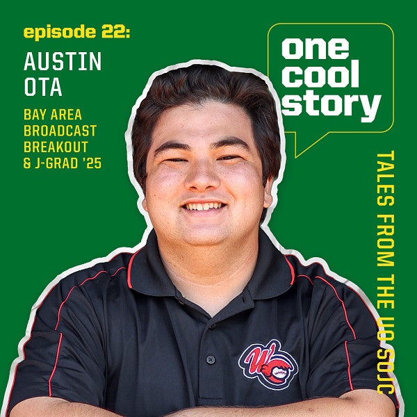 podcast graphic for One Cool Story: Tales from the UO School of Journalism and Communication featuring Austin Ota