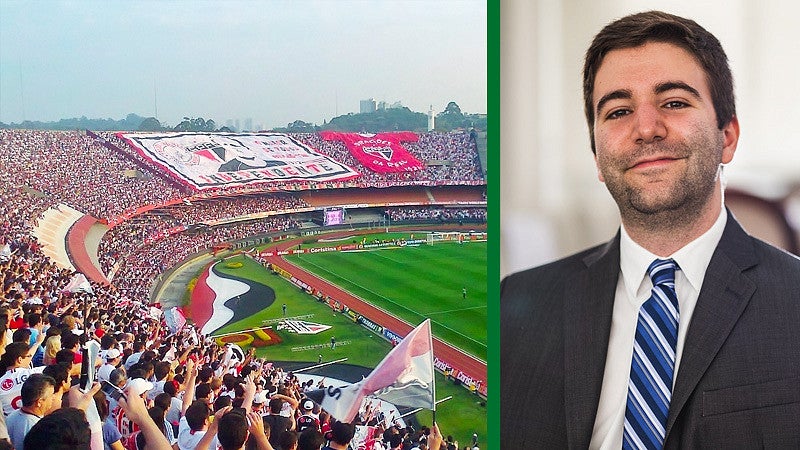 Headshot of Roberto de Palma Barracco and a sports stadium