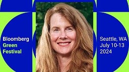 A photograph of Professor Mary Wood is framed by information about the Bloomberg Green Festival 