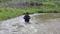 A person stands waist deep in a winding river