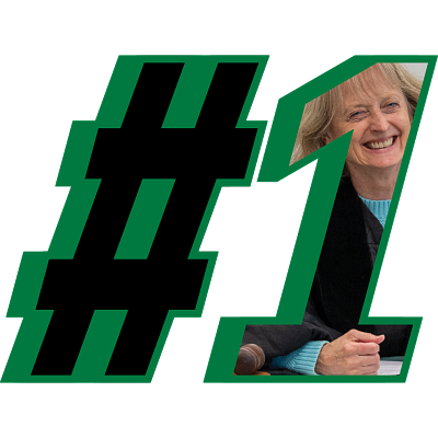 Professor Suzanne Row inside of a #1 cut out.