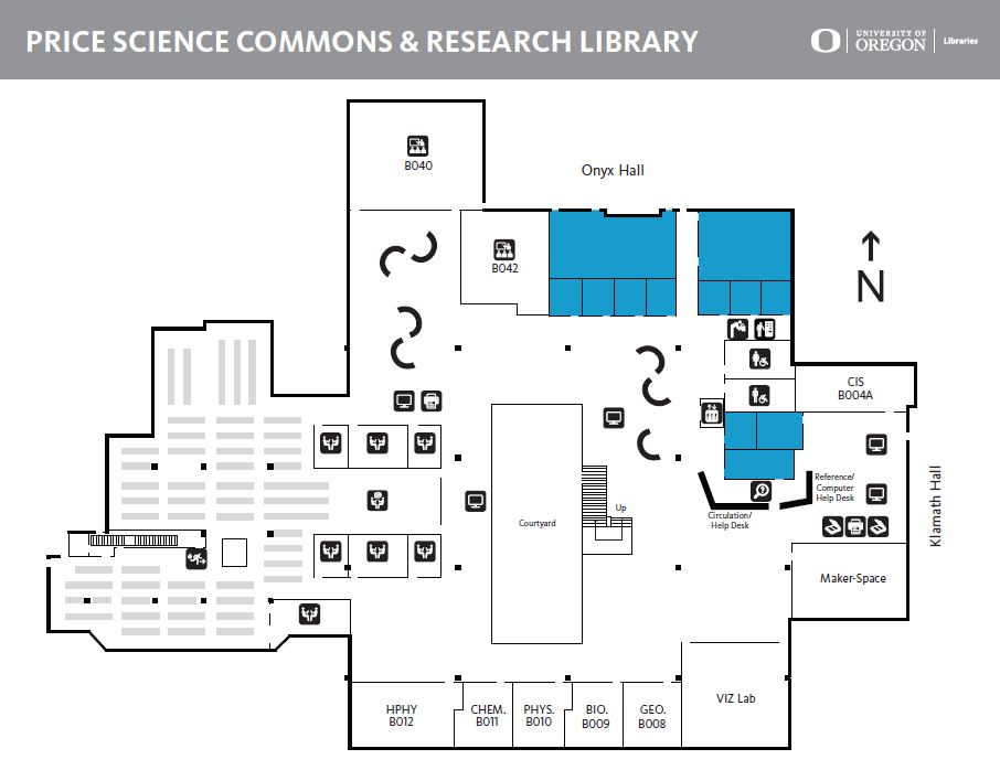 Floor Map view of the Price Science Commons and Research Library Academic Commons and Lower Level