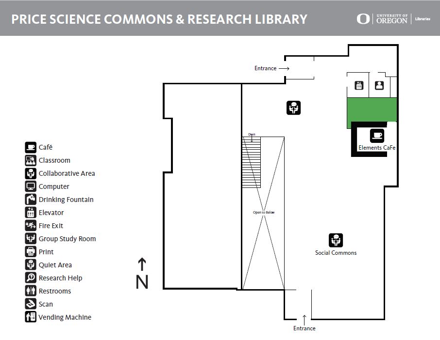 Floor Map view of the Price Science Commons and Research Library Ground Level: Elements Cafe and Social Commons