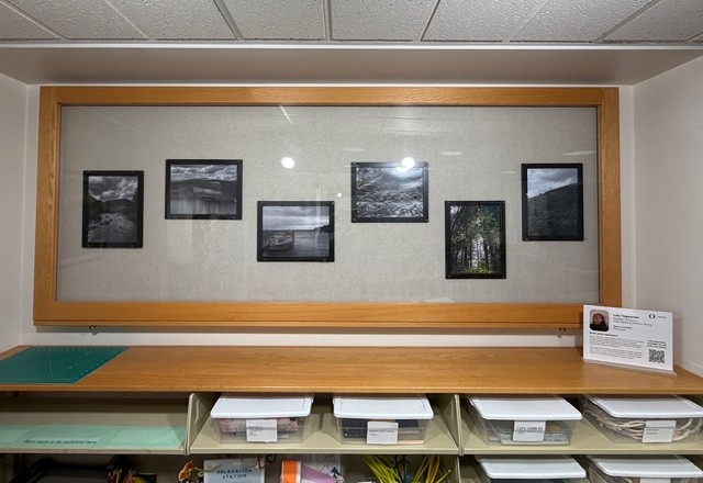 A wall-mounted display case contains six framed black-and-white landscape photos, arranged in a row. Below, there are organized storage bins on shelves.