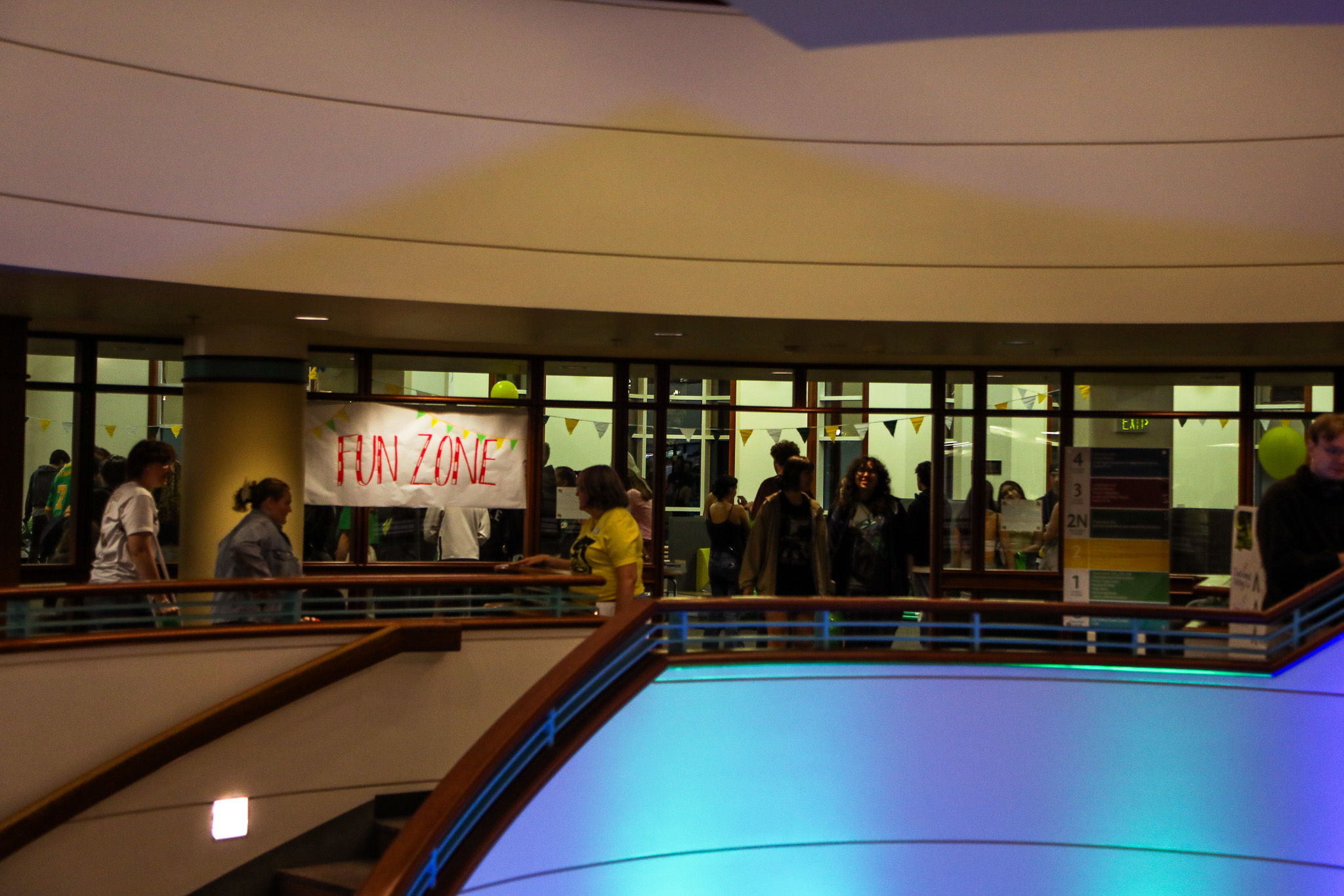 Students lined up to enter the "Fun Zone" on Knight Library's second floor.
