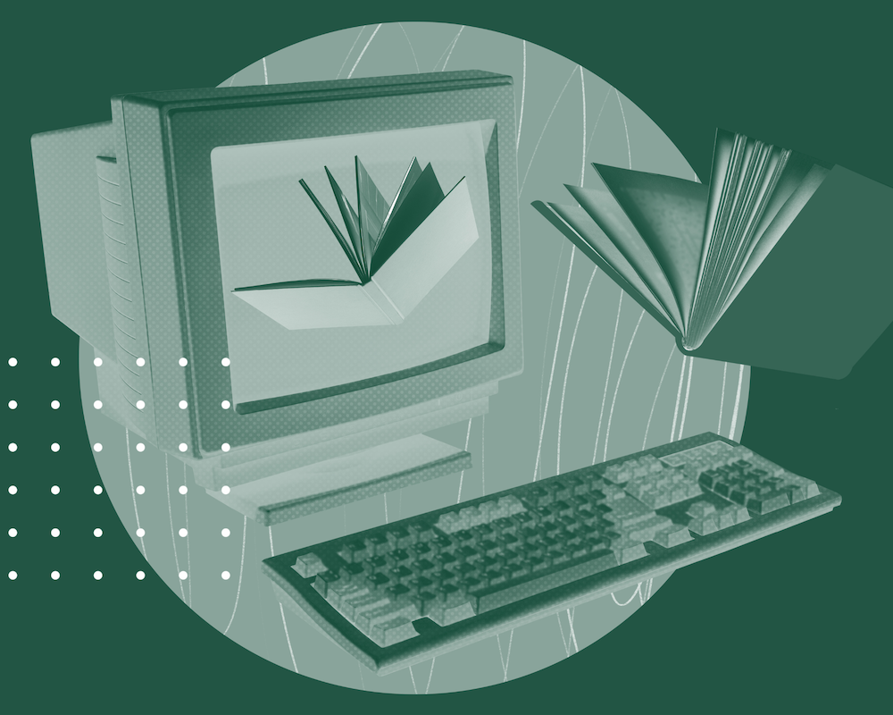 Illustration of computer with books flying out.