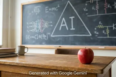 A red apple sitting on a teacher's desk. On a chalkboard in the background, the letters AI are written inside of a triangle. A credit indicates the image was generated by Google Gemini.