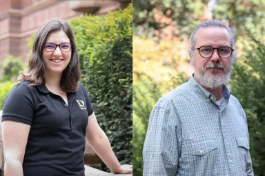 Portraits of two people in front of foliage