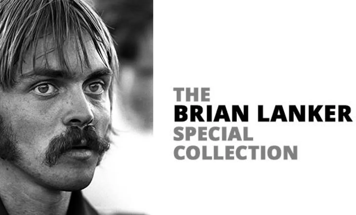 Black and white close up portrait of runner Steve Prefontaine next to text reading The Brian Lanker Special Collection.