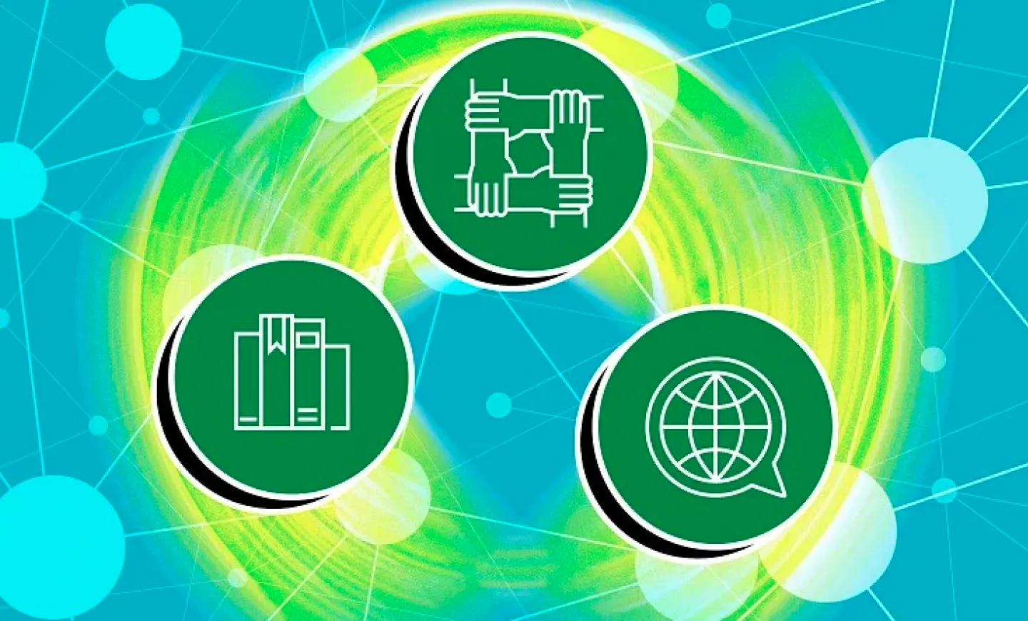 Illustration shows 3 circular icons depicting books, a globe, and a four hands grasping each others' wrists to make a square shape.