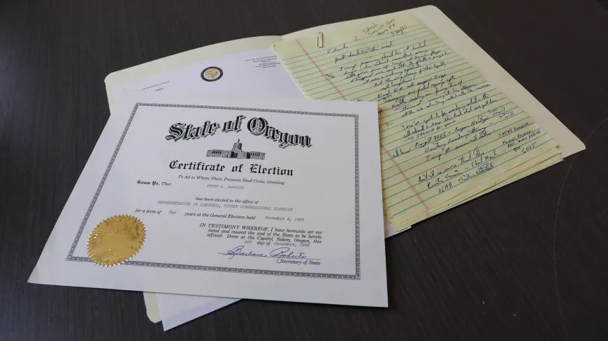 Documents from the DeFazio Papers including his Certificate of Election to Congress.