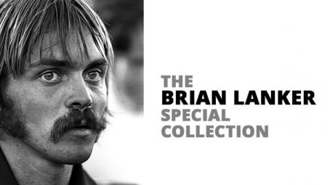 Black and white close up portrait of runner Steve Prefontaine next to text reading The Brian Lanker Special Collection.