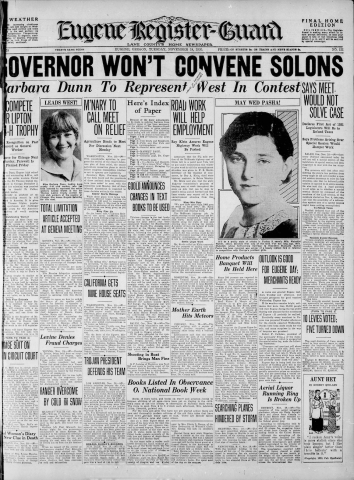 Front page of Eugene Register-Guard Newspaper dated November 18, 1930.