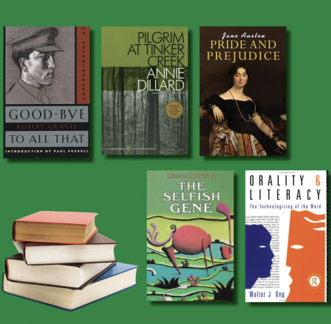 Book covers including works by Jane Austen, Richard Dawkins, Annie Dillard, Robert Graves and Walter J. Ong.