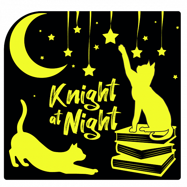 Knight at Night logo featuring a cat sitting on a stack of books, pawing at stars in the sky.