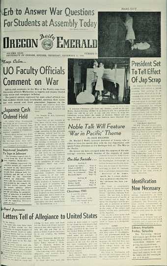 December 11, 1941 Oregon Daily Emerald, after the bombing of Pearl Harbor. Photograph courtesy UO Libraries - Special Collections and University Archives