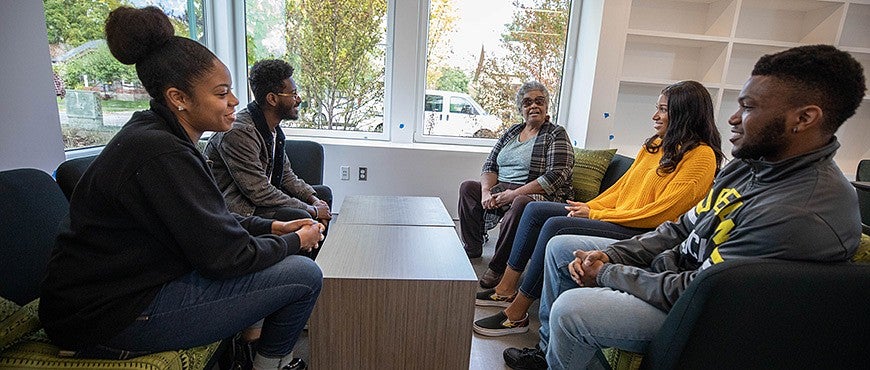 Reynolds-Parker talking with students