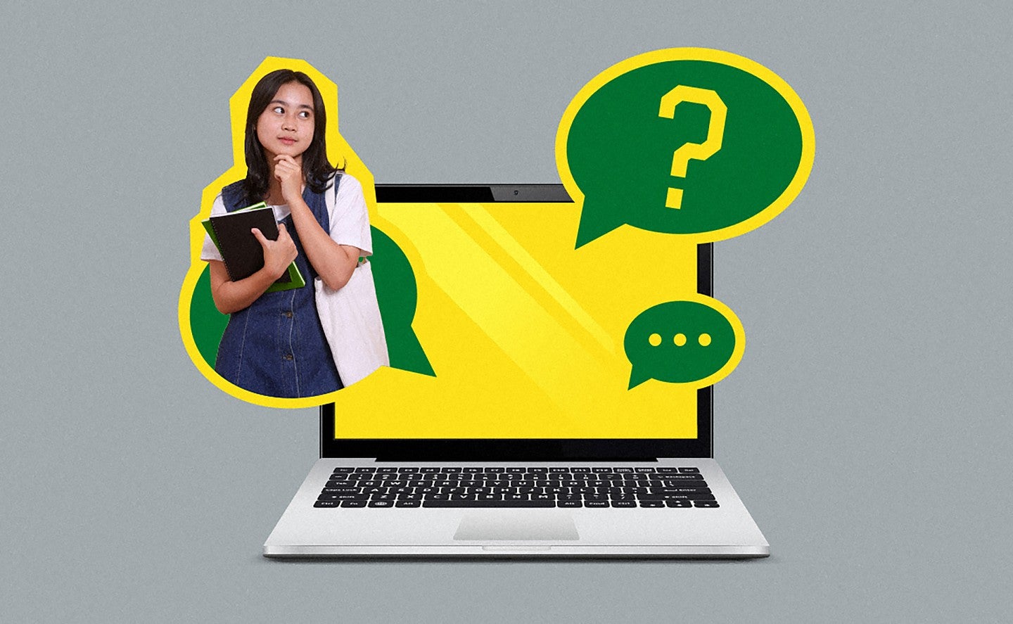 Illustration of laptop with word bubbles and photo of student