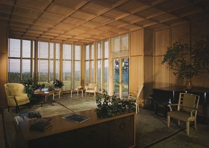 On Portland's rare clear days, the living room enjoys dramatic views of Mount Hood to the east. Photograph by ESTO