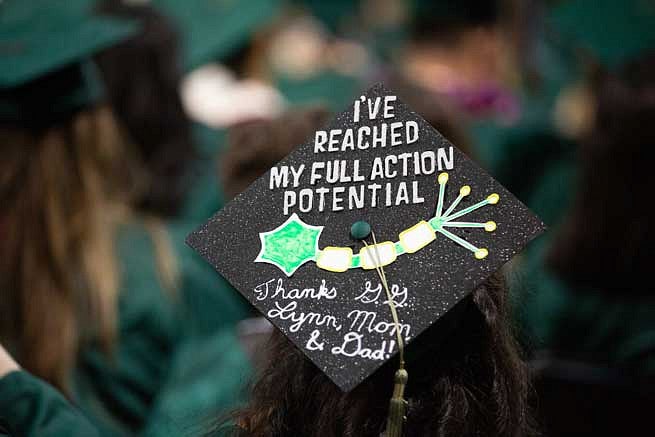 Mortar board that says I've reached my full action potential. Thanks G.G., Lynn, Mom, and Dad